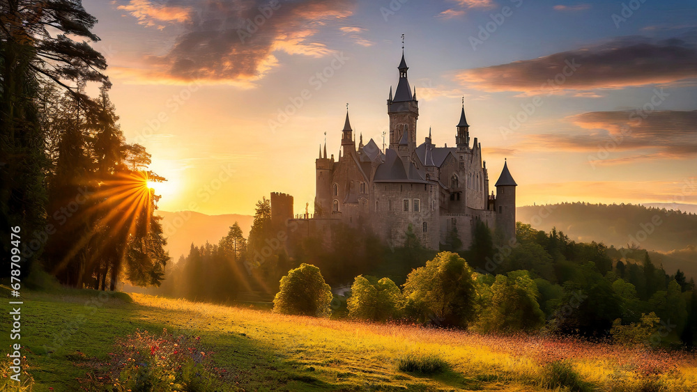 Beautiful landscape, a gothic castle at glorious sunset