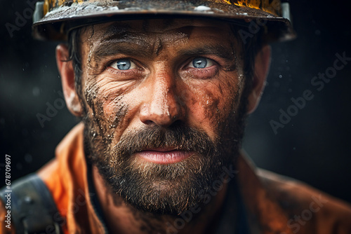Generative ai technology portrait of mine worker wearing helmet extracting coal resources dirty face