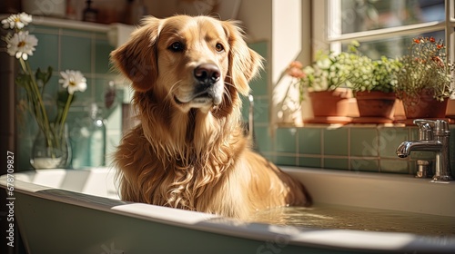 a large light brown dog sits calmly in the bathtub next to the window. flowers in pots in the background