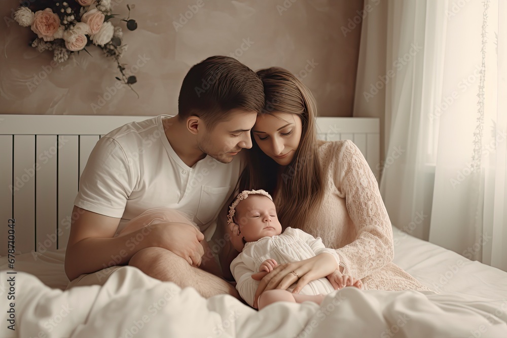 A portrait of a mother and father holding a newborn baby son at home. A portrait of a mother and father holding a newborn baby son at home.