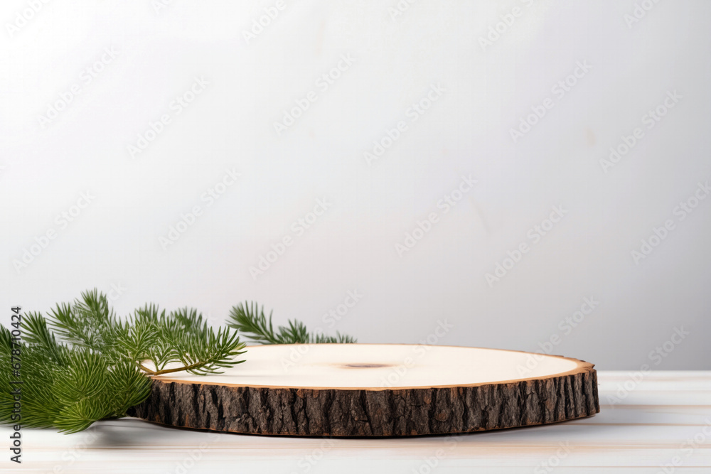 Wooden podium for product presentation with fir branches on white background. High quality photo Wooden podium for product presentation with fir branches on white background. High quality photo
