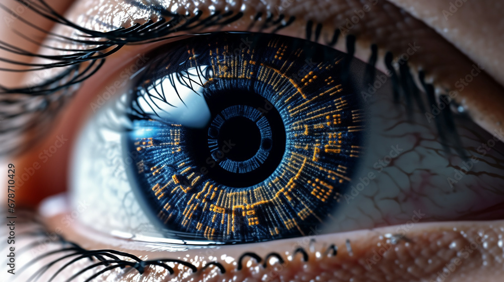 a human eye, with a reflection of a complex data visualization in the iris. The data visualization represents the future predictions made by an AI created with Generative Ai