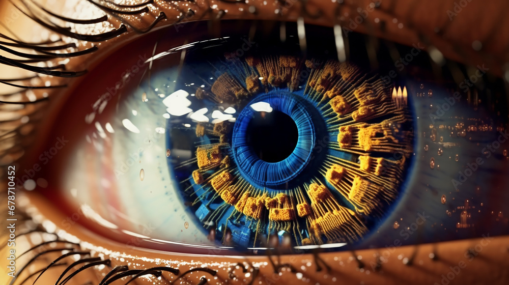 Fototapeta premium a human eye, with a reflection of a complex data visualization in the iris. The data visualization represents the future predictions made by an AI created with Generative Ai