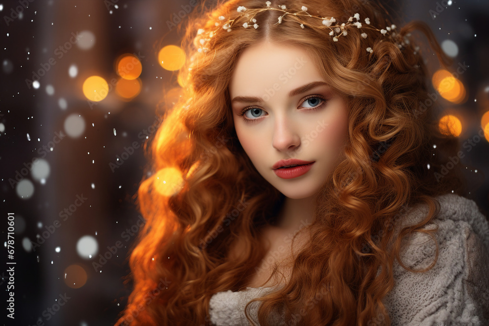 Generative AI portrait of beautiful young woman having walk snowy day Christmas apmosphere lights