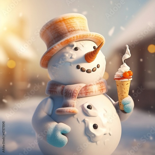 Happy snowman with icecream, scarf and hat in fairytale snow landscape