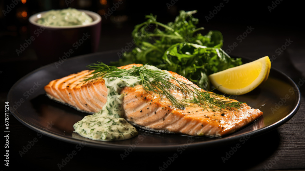 Grilled Salmon Fillet Marinated with Herbs: Served with Zesty Lemon Dill Sauce Grilled Salmon Fillet Marinated with Herbs: Served with Zesty Lemon Dill Sauce