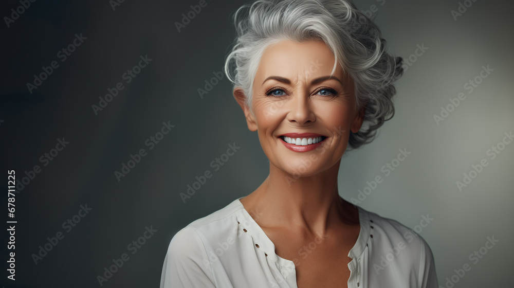 Confident elderly senior model with grey hair and makeup, mature happy smiling female lady in dark close-up portrait | Generative AI Confident elderly senior model with grey hair and makeup, mature happy smiling female lady in dark close-up portrait | Generative AI