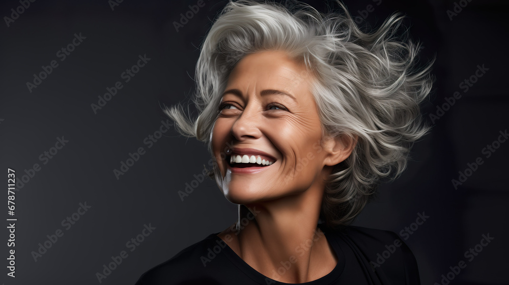 Confident elderly senior model with grey hair and makeup, mature happy smiling female lady in dark close-up portrait | Generative AI Confident elderly senior model with grey hair and makeup, mature happy smiling female lady in dark close-up portrait | Generative AI