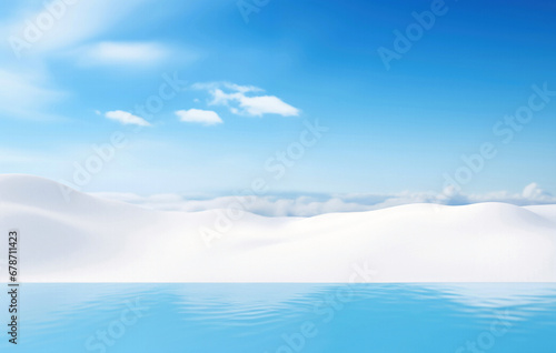 Empty blue water in front of snow field with blue sky and white clouds background. Perfect for product display and montage. High quality photo