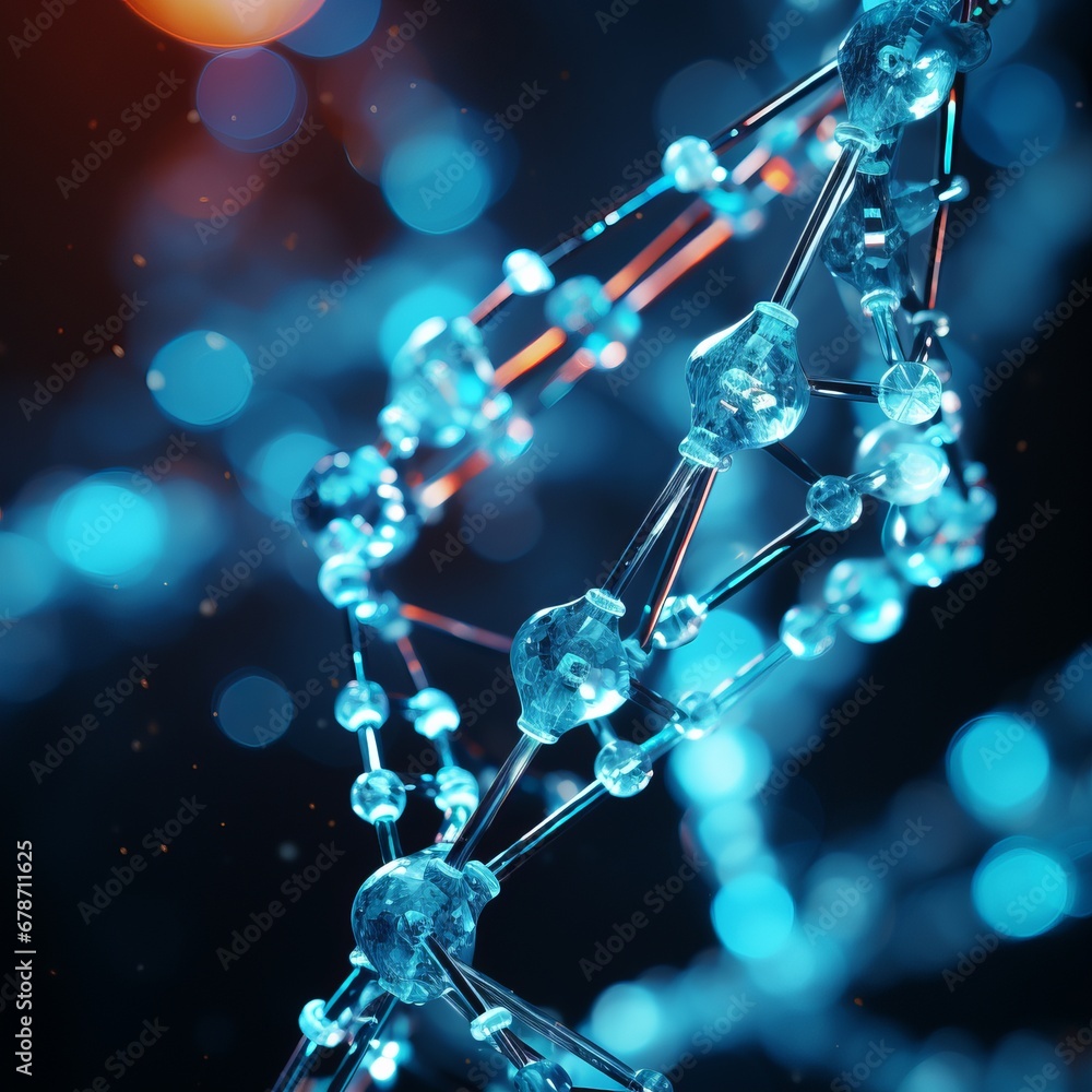 3D model of a DNA molecule with shiny bonds and atoms. Background of blurred blue and red light highlights. Concept: scientific medical, genetic and biotechnology. 3D model of a DNA molecule with shiny bonds and atoms. Background of blurred blue and red light highlights. Concept: scientific medical, genetic and biotechnology.