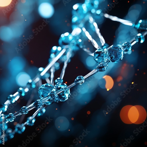 3D model of a DNA molecule with shiny bonds and atoms. Background of blurred blue and red light highlights. Concept: scientific medical, genetic and biotechnology. © Marynkka_muis