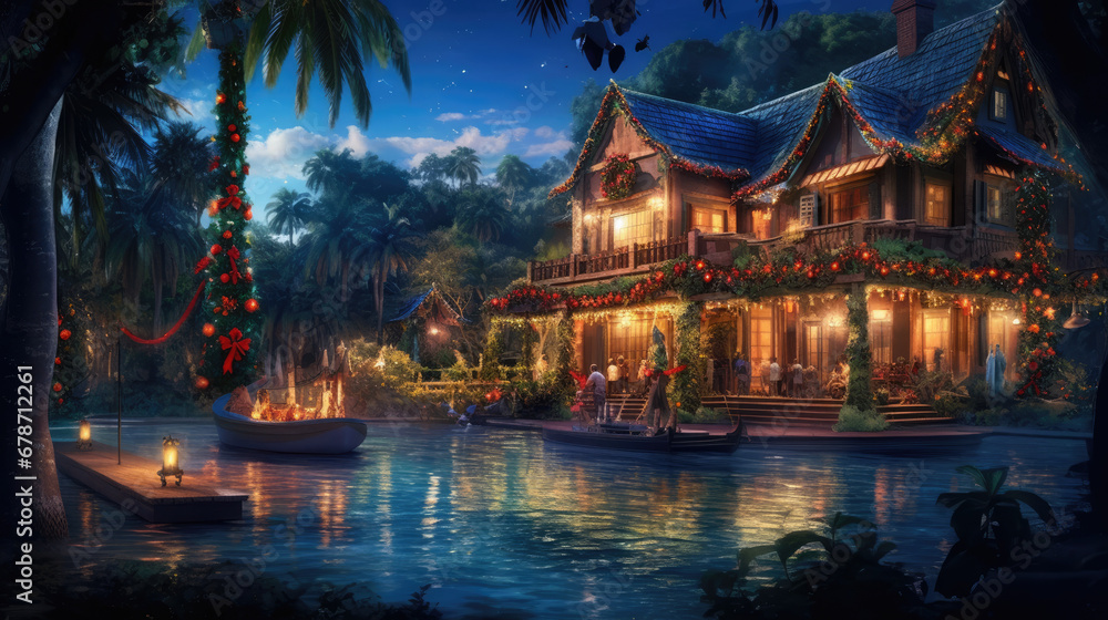 A holiday dreamland with Christmas garland lights illuminating the deep blue night.