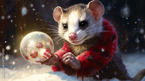 A playful ferret darts through a winter wonderland  chasing after a glistening Christmas ornament that glistens in the snow.