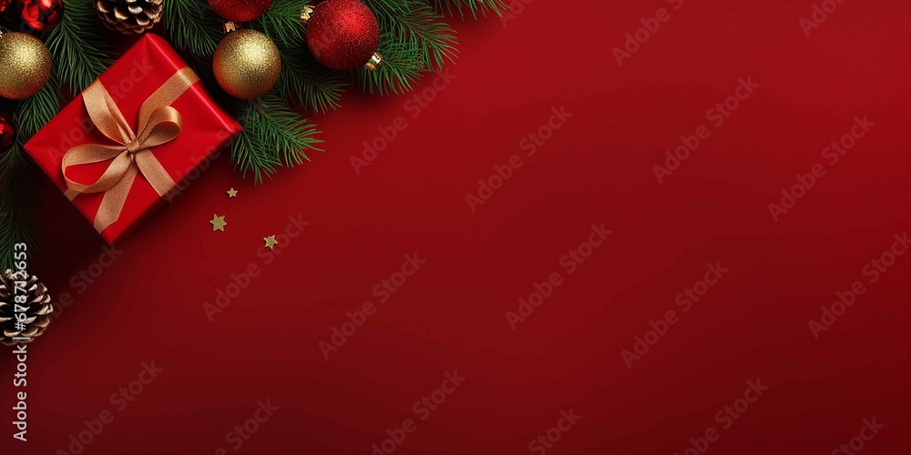 Merry Christmas banner with blank space for text, top view, red background, giftboxes, fir tree branches, red ornaments generative AI technology