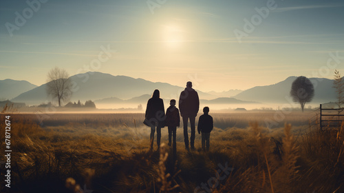 sillouethe of a family watching the sunrise in the mountains