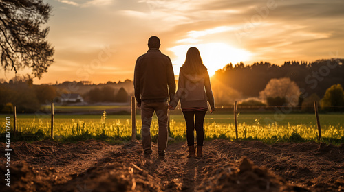 silhouette of a couple in a field