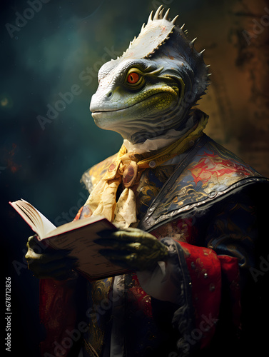 A humanoid lizard dressed as a Roman pope readings with a golden book the document	 photo