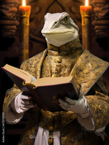 Photo A humanoid lizard dressed as a Roman pope readings with a golden book the docume