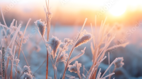 Dry grass covered with frost and ice