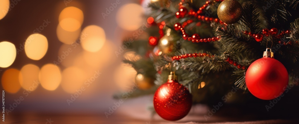 Warm and cozy home interior with Christmas Tree and ball ornaments decoration or Christmas and new year background, gift boxes, banner, poster, banner Warm and cozy home interior with Christmas Tree and ball ornaments decoration or Christmas and new year background, gift boxes, banner, poster, banner