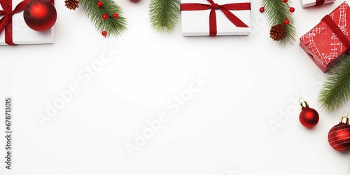 Merry Christmas banner with blank space for text, top view, white background, giftboxes, fir tree branches, red ornaments