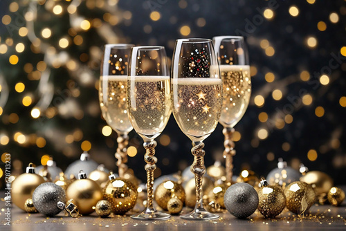 Champagne Glass Adorned with Christmas Baubles, Starry Holiday Background, Glitter, and Twinkling Lights. Golden Christmas Celebration with Sparkling Balloons, Glitter, and Confetti.