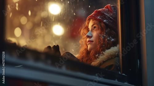 View from an evening winter holiday street of a beautiful girl in a red knitted hat sitting on a train near the window  leaning against the glass. Atmospheric winter Christmas atmosphere