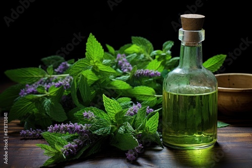 Bottle of mint essential oil and green leaves on dark table, space for text