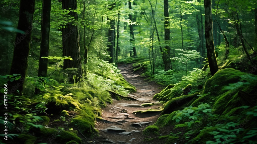 A winding forest trail rich with moss and lush greenery, dappled with sunlight, offers a peaceful hike in the woods.
