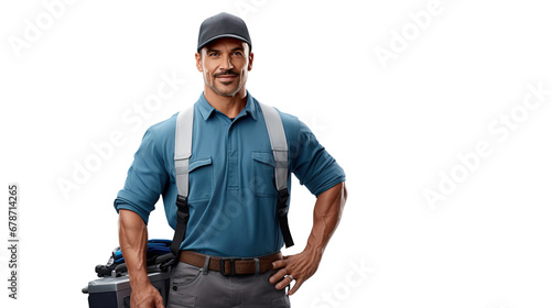 Confident Male Plumber with Toolbox and Pipe Wrench, Isolated on white, Transparent background photo