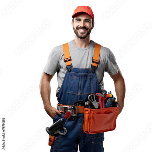 Confident Male Plumber with Toolbox and Pipe Wrench, Isolated on white, Transparent background