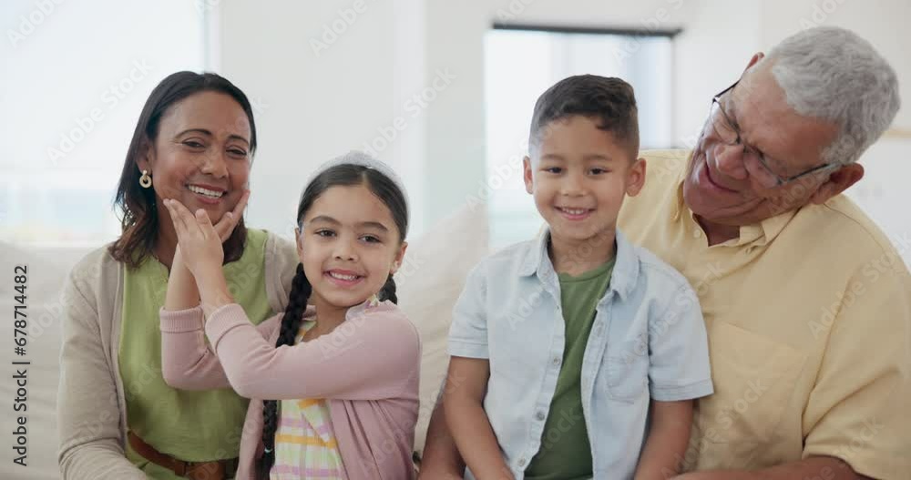 Happy, face and children with grandparents on sofa in the living room together at home. Smile, bonding and kids relaxing with grandmother and grandfather on a couch in the lounge at modern house. Happy, face and children with grandparents on sofa in the living room together at home. Smile, bonding and kids relaxing with grandmother and grandfather on a couch in the lounge at modern house.