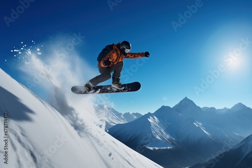 A snowboarder in an orange jacket carves a sharp turn on a pristine mountain slope, spraying snow against a clear blue sky.