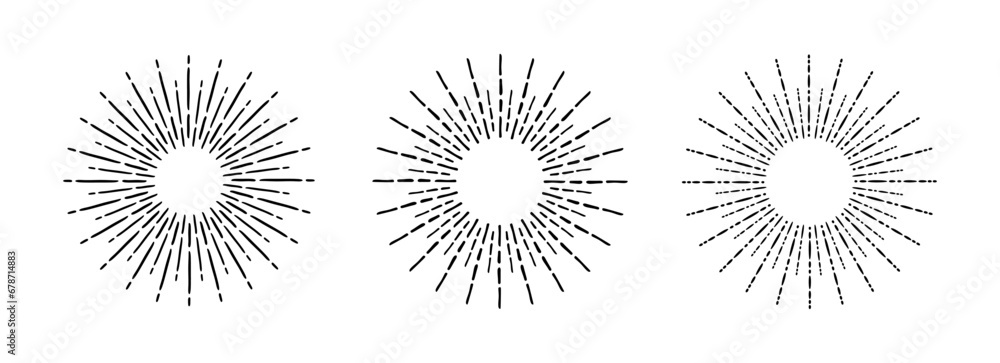 Set of round sunburst. Fireworks explosion collection in doodle style. Hand drawn round frames with radial lines. Retro graphic style radiant abstract sunshine or fireworks. Vector illustration