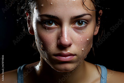 Closeup face of serious confident stare female athlete with sweat drips after workout hard on black background photo