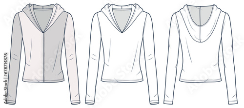 Hooded Top technical fashion illustration. Long Sleeve Shirt fashion flat technical drawing template, v neck, slim fit, front, back view, white, beige, women, men, unisex Sportswear CAD mockup set.