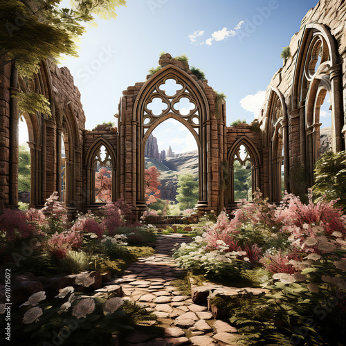 Gothic Abbey Ruins Adorned with Pink Hydrangeas photo