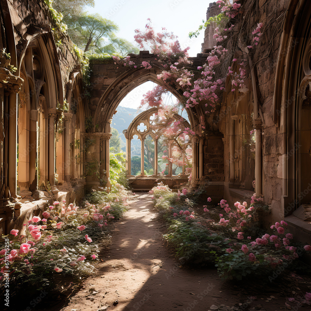 Gothic Abbey Ruins Adorned with Pink Hydrangeas