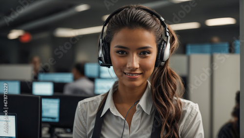 Portrait of a beautiful girl in headphones, call center operator in the office