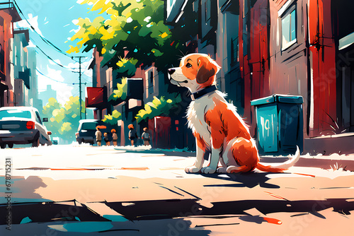 Draw a puppy sitting on the street on a sunny day