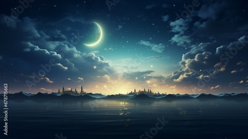 Background of Ramadan Kareem with luminous clouds, stars, and a crescent above a placid sea. Parts of this photograph provided by NASA photo