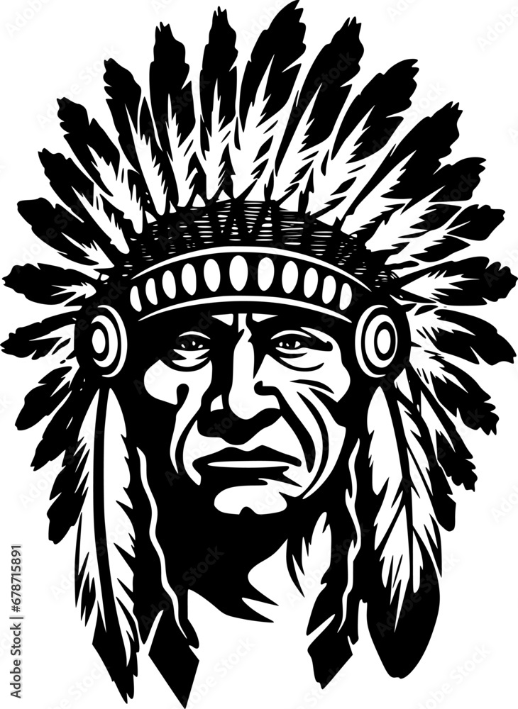 Obraz premium Indian Chief | Black and White Vector illustration