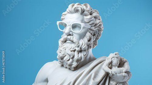 Antique marble sculpture of zeus with fancy glasses. Statue wearing glasses on pastel background, generative ai