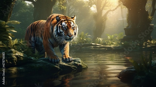 Beautiful tiger-filled jungle lake scenery that may be used as a wallpaper background © juni studio