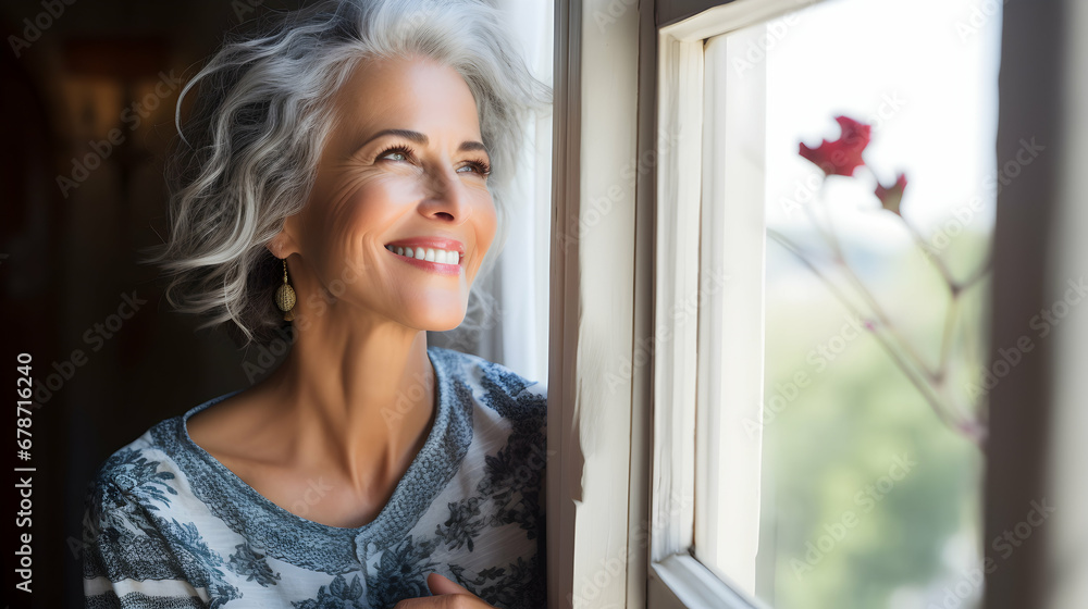 Attractive middle aged woman with beautiful smile by the window. Generative ai. Attractive middle aged woman with beautiful smile by the window. Generative ai.