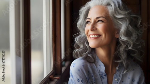 Attractive middle aged woman with beautiful smile by the window. Generative ai.