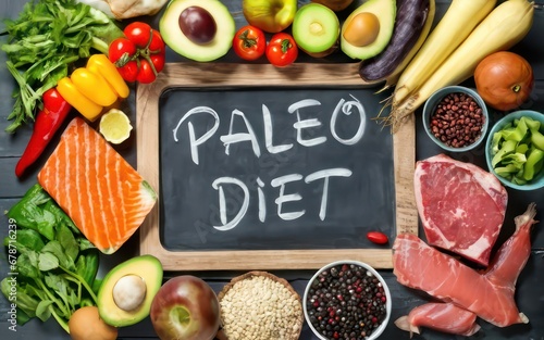 Paleo Paleolithic diet, low carb diet protein diet organic grass fed beef salmon ketogenic diet photo