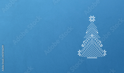 Christmas and New Year card tamplate, blue background, white christmas tree. Minimal and elegant holiday card tamplate. Autentic pattern christmas tree