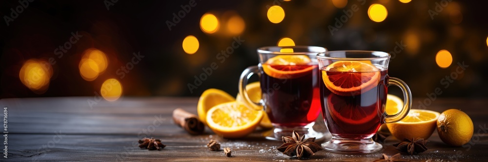 two Christmas mulled wine with oranges on a wooden table with bokeh background, banner two Christmas mulled wine with oranges on a wooden table with bokeh background, banner