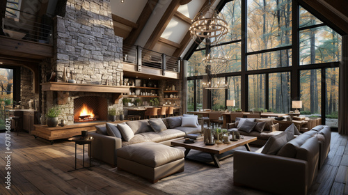 Large open concept great room with fireplace and wooden beams. Generative AI photo